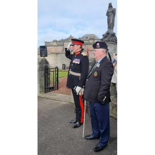 Lord Lieutenant Johnny Stewart takes the salute at the War Memorial in Bedford Place, Alloa
