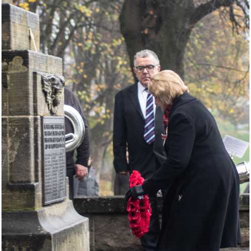 Deputy Lieutenant Anne Spruce BEM leads the tributes at the Johnstone Park, Alva