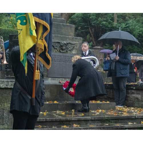 Deputy Lieutenant Anne  Spruce lays the Lieutenancy Wreath in the Johnstone Park in Alva