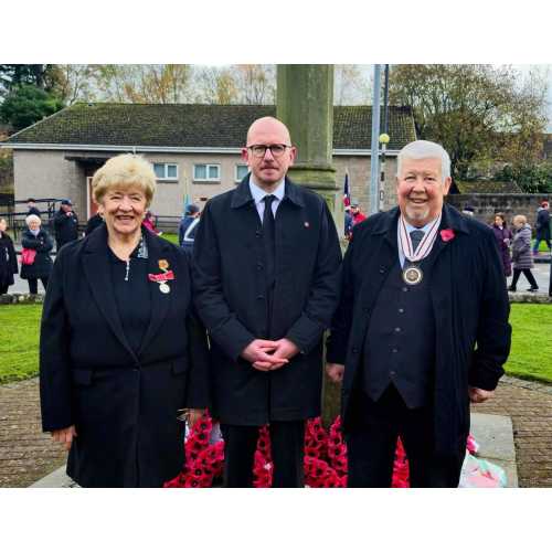 John MacPherson DL (right) with June Anderson BEM and Brian Leishman MP at Sauchie after the official ceremonies